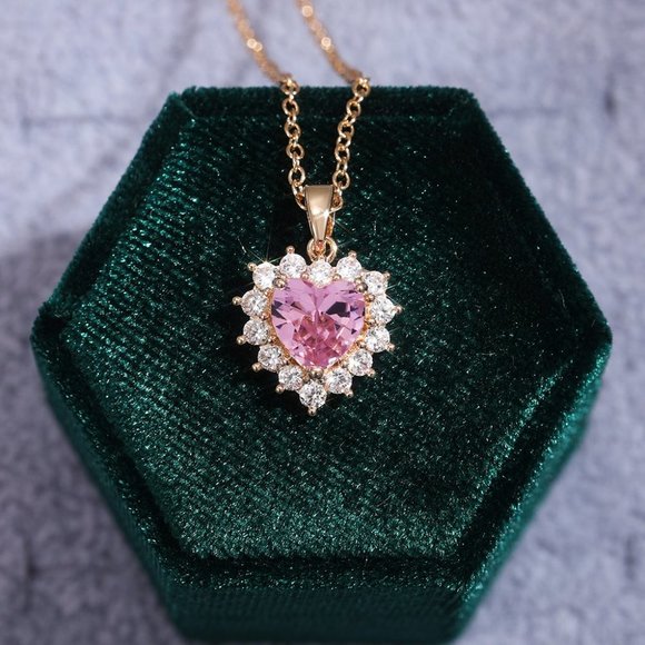 Pink Diamond Heart Flower Rose Gold Plated CZ Heart Necklace, EVGG1106 - Picture 1 of 6